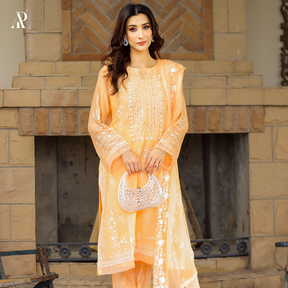 3-piece Peach Embroided Chiffon Suit
