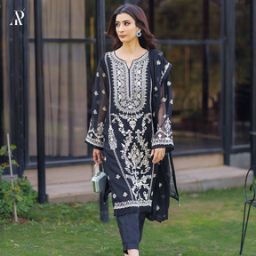 3-piece Embroidered Black Chiffon Suit