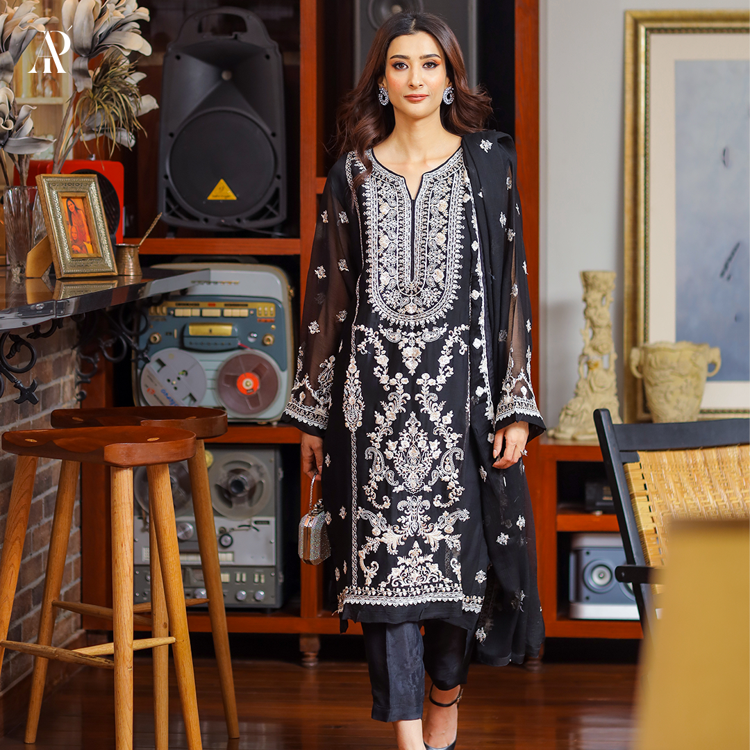3-piece Embroidered Black Chiffon Suit