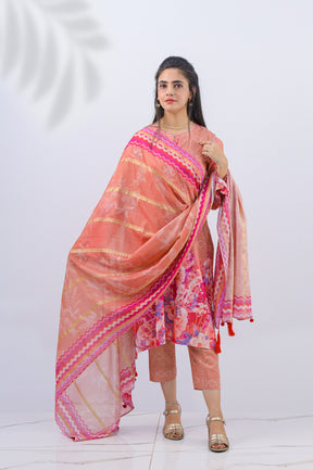 Unstitched 3-Piece Coral Pink Printed Suit