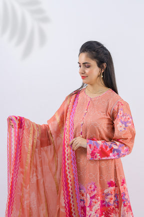 Unstitched 3-Piece Coral Pink Printed Suit