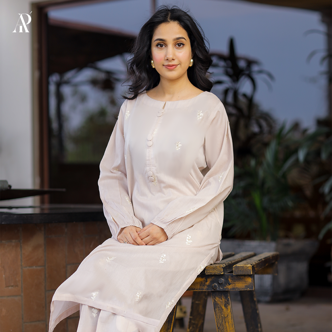 Grayish-white Embroidered 2-piece Lawn suit