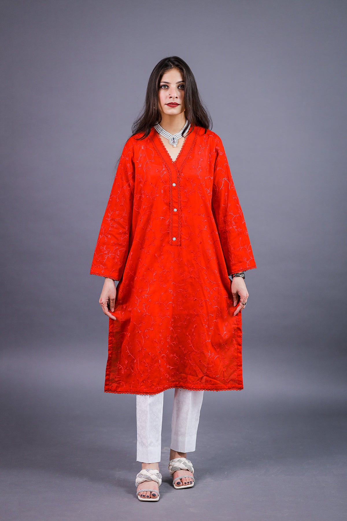 Dyed Embroidered Red Lawn- 1 Piece Stitched