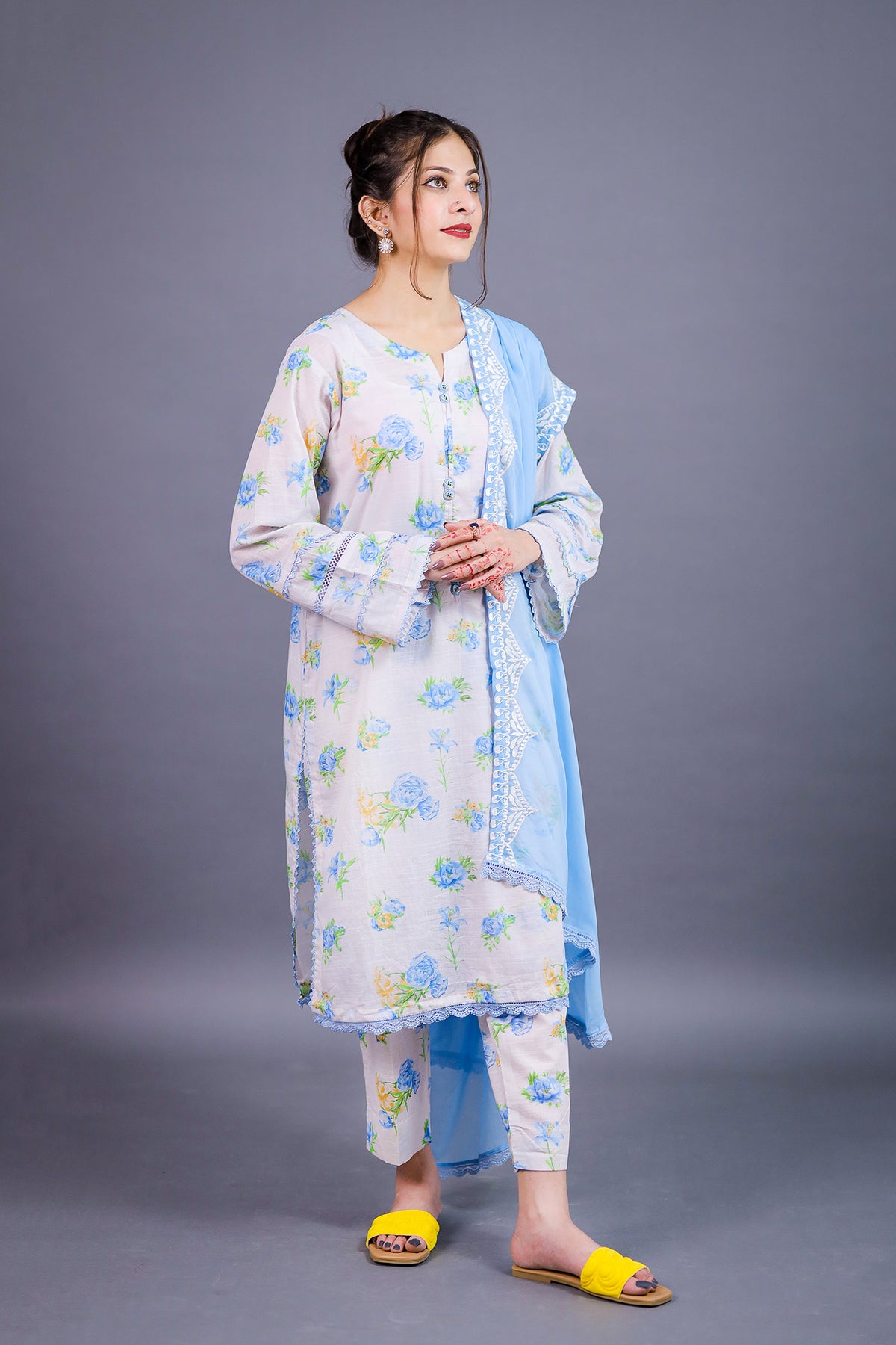 Dyed Embroidered Blue Beige Lawn suit - 3 Piece Stitched