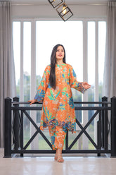 Stitched 2-Piece Coral Orange Printed Embroidered Suit