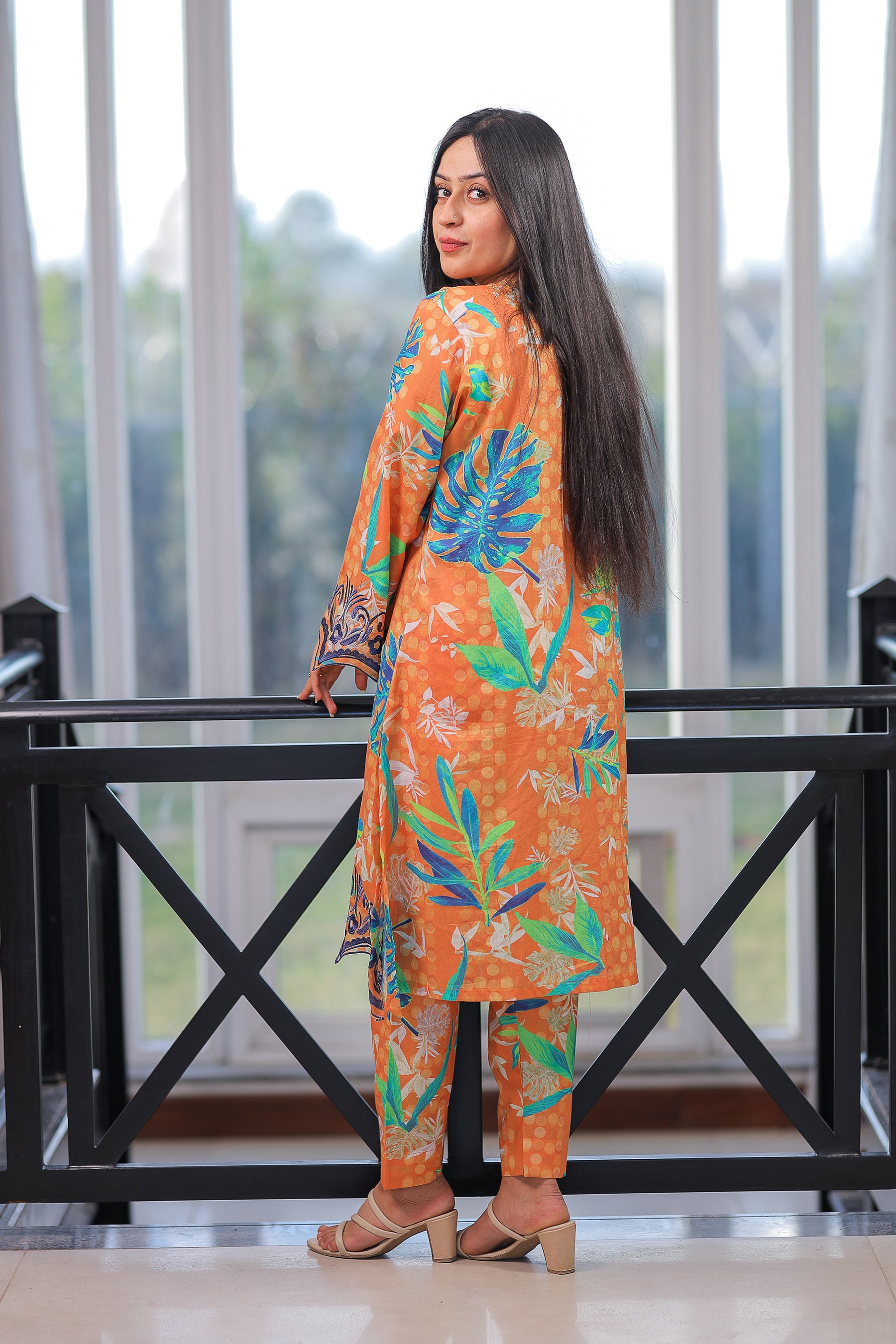 Stitched 2-Piece Coral Orange Printed Embroidered Suit